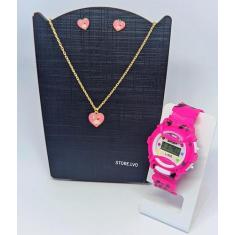Kit Relógio infantil Digital Led Menina Silicone + Conjunto Colar e Br