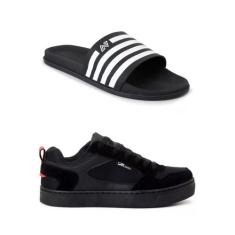 Kit Tênis Preto Camurça Skatista Chinelo Sandália Slide Unissex - DK s