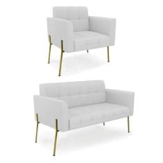 Sofá Namoradeira E Poltrona Base Pé De Ferro Dourado Elisa Linho D03 -