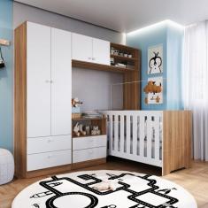Quarto de Bebê Completo com Berço 3 em 1, Cômoda e Guarda Roupas Completa Móveis Nogal Manchester/Branco