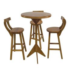 Conjunto Bistrô Tampo Redondo com 3 Banquetas de Madeira Maciça Natural