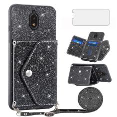 Asuwish Capa de telefone para Tracfone BLU View 2 B130DL capa carteira com protetor de tela de vidro temperado e alça transversal cordão Bling Glitter suporte para cartão de crédito Blue View2 BLUView