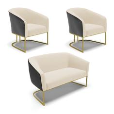 Namoradeira 2 Poltronas Industrial Dourado Stella Pto/Linho Bege D03 - D`Rossi