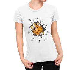 Camiseta ECF Feminina Garras segurando bola de basquete Manga Curta Branca Poliester
