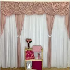 Cortina Rubi 3,00M X 2,60M Rosê Com Branco Tecido Malha Gel Varão Duplo
