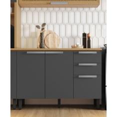 Balcão de Cozinha 120cm 3 Portas 2 Gavetas em Mdf com Tampo New Porto Freijó/Grafite