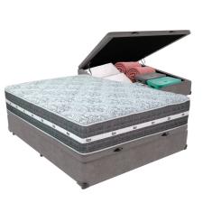 Cama Box Baú Cinza e Colchão Black Graphite Molas Ensacadas Casal 138x188X27 Anjos