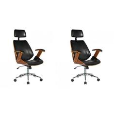 Kit 2 Cadeiras de Escritório Presidente Giratória com Apoia Cabeça Office Lisboa Preto/Marrom