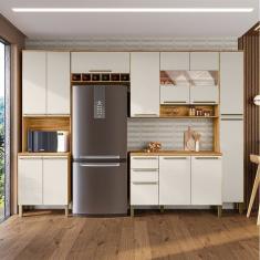 Cozinha Completa Modulada com 5 Peças 13 Portas e 2 Gavetas com Vidro e Tampo Itália Espresso Móveis Amêndoa/Off White
