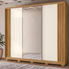 Guarda Roupa Casal 3 Portas Com Espelho Deslizantes 6 Gavetas Arizona - Freijó - Off White