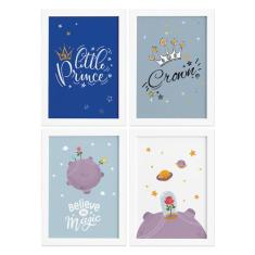 Quadros para Quarto Menino Principe Kit 4un Moldura Branca - Quartinho