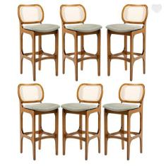 Kit 6 Banquetas Alta em Madeira Decor Encosto Rattan Estofada Linho Ve