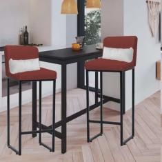 Kit 02 Banqueta Alta com Encosto Lucca Industrial Cozinha Balcão Ferro Preto Corino Vermelho e Almofada Branco - Ahazzo Móveis