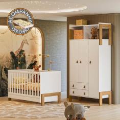 Quarto de Bebê Fantasia com Roupeiro 4375 e Berço 4300 Qmovi Branco Acetinado + Colchão Gazin