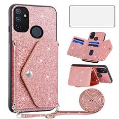 Asuwish Capa de telefone para OnePlus Nord N100 capa carteira com protetor de tela de vidro temperado e alça transversal cordão brilhante suporte para cartão One Plus N 100 4G 1 Plus 1 Plus One + 100N