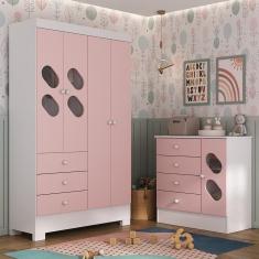 Quarto Infantil Completo Guarda Roupa 4 Portas 3 Gavetas com Cômoda Stella Espresso Móveis Branco/Rosa