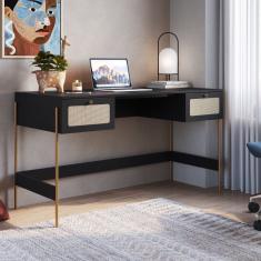 Escrivaninha 2 Gavetas 139cm Palhinha Pé Metal Oslo Nero/Dourado