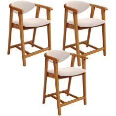 Kit 3 Banquetas Baixa Cecília L02 Moderno Madeira De Eucalipto Assento Estofado Tecido Bege Lyam Decor
