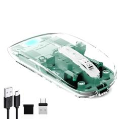 Mouse transparente sem fio para computador, recarga de mouse Bluetooth, exibição de energia, DPI, atalho, Bluetooth 5.1 (BT1 + BT2) + receptor 2 em 1 de 2,4 GHz (USB + USB-C) - compatível com