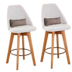 Kit 02 Banquetas Alta Maya Giratória Com Encosto Linho Bege Claro e Almofada Suede Bege - Aurora Line