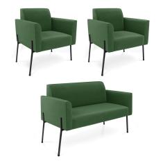 Sofá Namoradeira E 2 Poltronas Pé De Ferro Preto Marisa Suede D03 - D'rossi Cor Verde