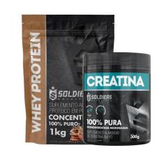 Kit: Whey Protein Concentrado 1Kg + Creatina Monohidratada Pote 300g - 100% Pura Importada - Soldier-Unissex