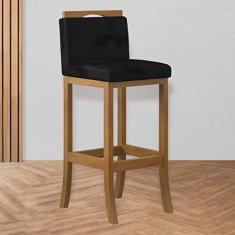 Banqueta Média Encosto Estofado 38 x 88 Cm Turim Madeira Maciça Amêndoa Suede Preto - CCS