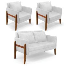 Kit 1 Sofá Namoradeira e 2 Poltronas Lana Corano Branco Base de Madeira - D`Rossi