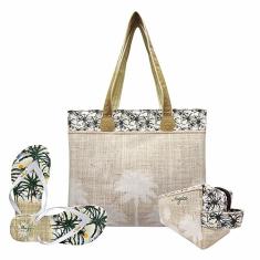Kit Tropical Feminino Coqueiros Palha com Bolsa, Necessaire e Chinelo, Magicc