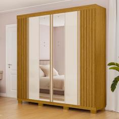 Guarda-roupa Casal 230,10cm 6 Portas Ripado 6 Gavetas com Espelho 100% Mdf Magnólia Cinamomo/Off White