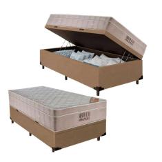 Cama Box Baú Solteiro + Colchão de Molas Ensacadas Ortobom Airtech Bege 88cm - Suporta até 150 Kg Por Pessoa