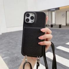 Capa de telefone carteira crossbody para iPhone 15 14 13 12 11 Pro Max Mini X XR XS Max 7 8 Plus Suporte para cartão com cordão Bolsa de couro, preta, para iPhone 13 Pro