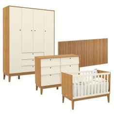 Quarto de Bebê Unique 4 Portas com Cômoda 6 Gavetas e Painel Ripado Freijó Off White Eco Wood - Matic