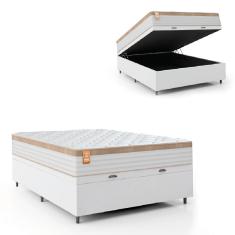 Cama Box Baú Casal Real 138x188cm com Colchão Molas Ensacadas Linho Branco Bege Inducol