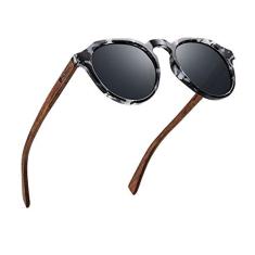 Óculos de Sol Casual Redondo Estilo Madeira HU WOOD Polarizados UV400 (Preto)