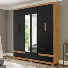 Guarda Roupa San Diego 6 Portas e 4 Gavetas com Espelhos Freijo/Preto