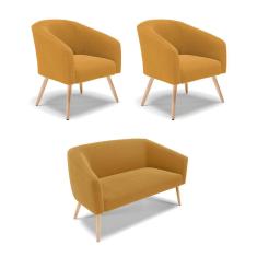 Namoradeira e 2 Poltronas Pé Palito Natural Stella Bouclê Mostard D03 - D`Rossi