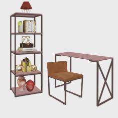 Kit Escritório Bex 1 Cadeira Suede Terracota com 1 Mesa e 1 Livreiro Ferro Marrom mdf Rose Rosa - Ahazzo Móveis