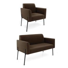 Sofá Namoradeira E Poltrona Pé De Ferro Preto Marisa Suede Marrom D03 - D`rossi