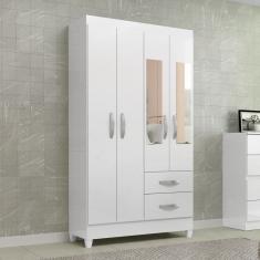 Guarda-Roupa Solteiro Fortaleza 4 Portas 2 Gavetas com Espelho Branco Brilho - Atualle Móveis