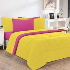 Edredom Malha 100% Algodão Gran Moratta 1 Peça Casal - Amarelo/Pink - 