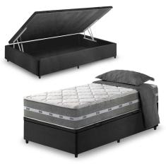 Cama Box Baú Solteiro King + Colchão Molas Ensacadas Miami Cinza Com Preto
