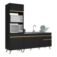 Cozinha Compacta Veneza 5 Portas 1 Gaveta MDP 212cm Preto Dourado com Tampo e Pés Retrô