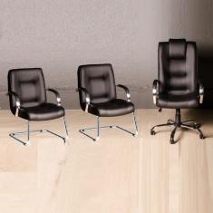 Kit Cadeira Escritório Classic Preta - 1 Giratória + 2 Fixas