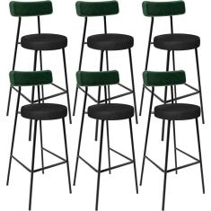 Kit 06 Banquetas Alta Bar Cozinha Sala De Jantar Milão L02 Facto Verde Couríssimo Preto - Lyam Decor