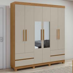 Guarda-roupa 6 Portas 4 Gavetas Zeus Com Espelho E Com Pés Amêndoa Clean-off White