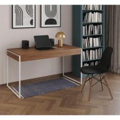 Mesa De Escritório Industrial Amêndoa 137X53Cm Base Ferro Branco Com 1