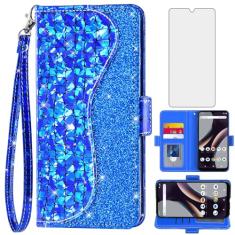 Asuwish Capa de telefone para BLU G53 capa carteira com protetor de tela de vidro temperado e alça de pulso flip porta-cartão de crédito Bling Glitter suporte acessórios para celular azul G 53 6,5