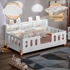 Cama de Criança Infantil Montessoriana com Colchão Juvenil Led e Nicho Nina Branca Acompanha Luminár