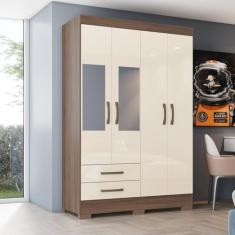 Guarda-roupa Solteiro 4 Portas 2 Gavetas com Espelho B12 Castanho Hp/off White
